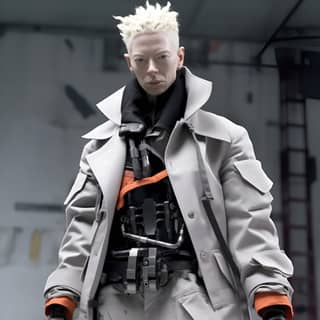 Tilda Swinton viste un atuendo muy genial con accesorios de cuero y hebilla de metal y maquillaje sencillo en un almacén con brillantes luces de ciencia ficción.