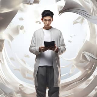 an asian man standing on a ring of paper he has a mobile phone in his hand in the style of mystic mechanisms