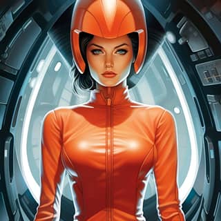 cartoon shading airbrush a caucasian woman wearing a tight futuristic suit in a spaceship