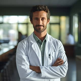 caucasian Mexican man doctor smiling and wearing a white cloak in a hospital hall light green ambient light modern realistic