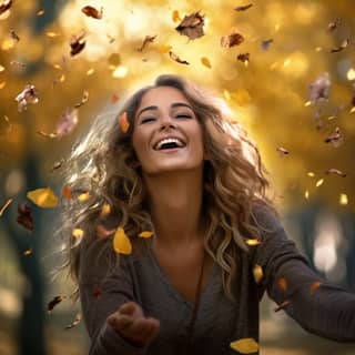 cinematic still a beutifyl celebrate her birthday in the autum leaves drop from the trees she is happy and free ar--16:9