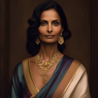 ctress poorna jagannathan proud aging stern gaze black eyeliner braided hair blue and white silk gown light gold and dark