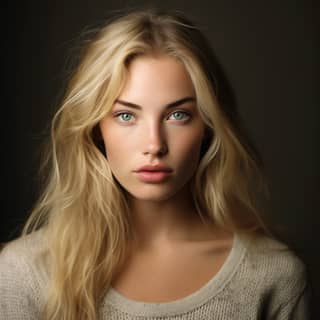 Femme blonde aux yeux bleus et aux longs cheveux posant pour un portrait, dégageant de la beauté.