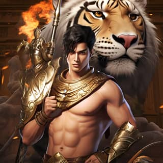 fantasy epic scene Thai man handsome wearing Thai traditional colthes name "Tuaphra" gold warrior clothes next to battle