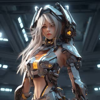 in a futuristic outfit standing in front of a light