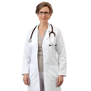 photorealistic real actual female doctor in her 40ies wearing a totally white uniform a stetoscope and glasses full body