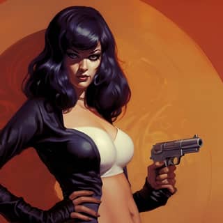 played by Monique Gabrielle holding a gun smirking posing hot pose pulp book cover 2 1 illustration by Coby Whitmore and