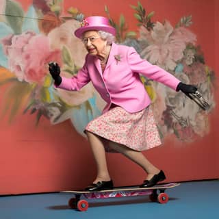 queen elisabeth with skateboard, queen elizabeth riding a skateboard in front of a floral mural