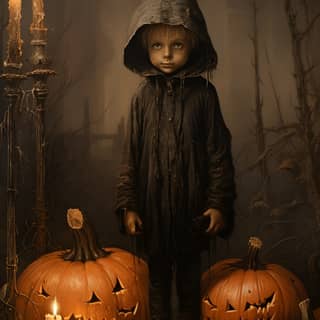 vintage spooky postcard, a little boy in a hooded cloak standing next to pumpkins