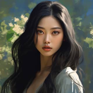 a 20 year old with long black hair and light eyes She is standing in a garden There is morning light She wears 1890s era