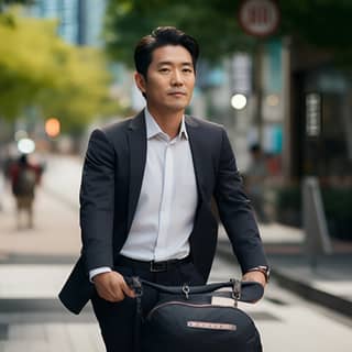 40 year old, in a suit and tie riding a bicycle