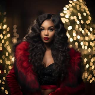 African american hair model with thick black long beautiful hair christmas makeup and long black eyelashes red christmas