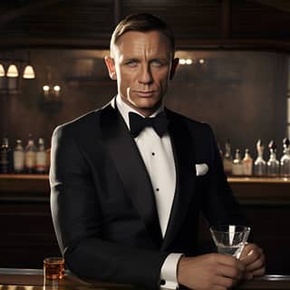 Daniel Craig as James Bond in a suit with an "open bow tie" infront of bar with martini