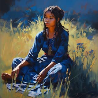 a Geechie Indian girl in Low Country South Carolina sitting in an indigo field She is depicted in a serene and contemplative