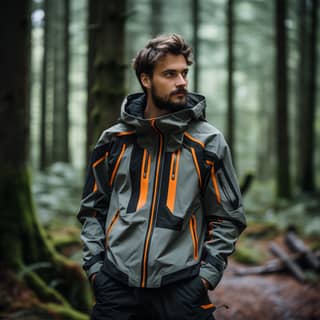 Men hardshell jacket functional clothing color match solid color background woods