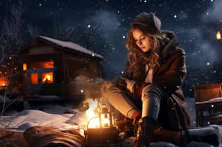 Snow girl fire mining survival night barbecue lonely mood movie effect