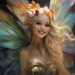 The fairy of happiness she very happy she has a big toothy smile iridescent colors wonderful wings fantasy art