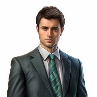 Ugnius is 3D looking guy with dark brown hair blue eyes green/blue jacket and red tie He looks proffesional and friendly