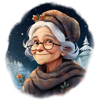 an old woman flowers and leaves in her hair snow atmosphere mountains fir-tree forest night atmosphere