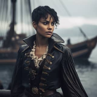 androgynous woman dressed like a pirate wearing black leather dark backdrop cinematic theme short black hair slightly chubby