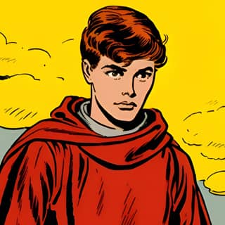 a comic book panel from the 1950s featuring a 17 year old man tall and lanky but broad shouldered He is not a rich man he is