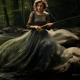 fishing mountain stream style of annie liebovitz, in a dress is standing in a river with a fishing rod