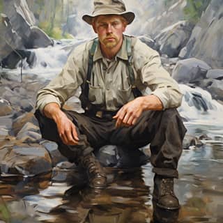 fishing mountain stream style of tom of finland, sitting on rocks near a stream