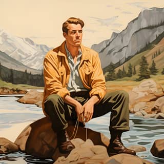 fishing mountain stream style of tom of finland, sitting on rocks by a river