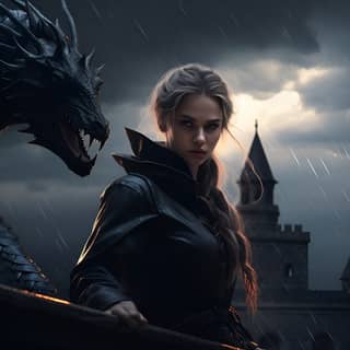 a girl with her hair in a braid wearing black leather controlling lightning on a parapet two dragon silhouettes in the sky