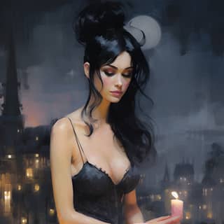 with grey eyes and raven-black hair sitting outdoors under a magical midnight sky with candles in the style of artgerm soft