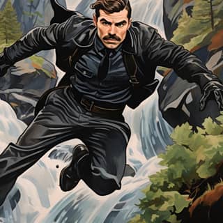 Un uomo con abiti neri sta correndo attraverso una cascata e saltandoci sopra, evocando lo stile di Tom of Finland.