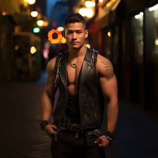 photograph flirting Filipino young male hustler defined muscles tattoos masculine standing defiantly in alley future NY dark