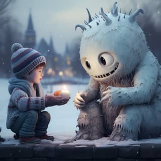 playful unrealistic alien creatures building a snowman winter wonderland, a little boy is holding a candle in front of a