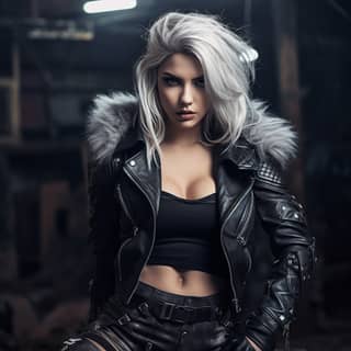 with silver hair in a wolfcut wearing a leather jacket and a black crop top and combat boots wearing clawed gloves
