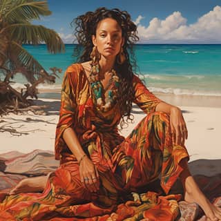 a typical prehispanic Mayan woman at a Yucatan beach artwork by Kehinde Wiley