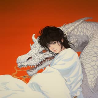 white dragon drawn by Satoshi Kon, in white is sitting on top of a dragon