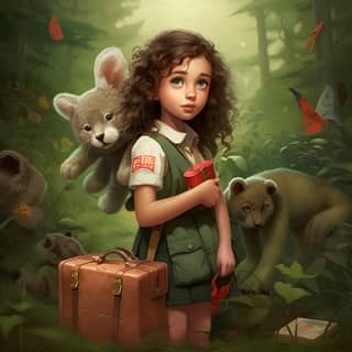 Une fille avec une valise et des animaux en peluche dans les bois, avec de beaux cheveux bouclés et des yeux verts, portant un pantalon vert olive et un chemisier beige, portant un sac médical en toile.