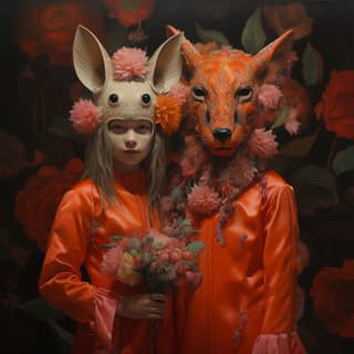 Holt Hyde and Jackson Jeykll, two people dressed as animals with flowers