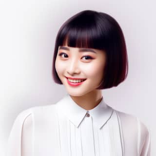 Japanese woman she is 25 years old She wears a white collar blouse She cut her hair to ultra short bobbed hair with ultra