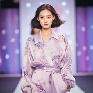 a Korean model wearing pink silk tradidional pyjamas with lavender flower patterns The girl is posing on the catwalk with a