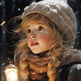 Una bambina tiene una lanterna mentre nevica.