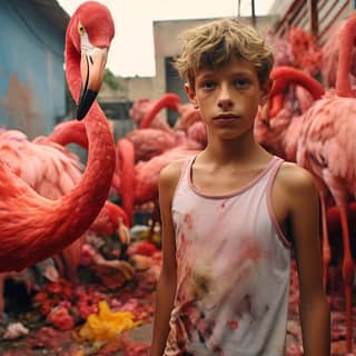 Melancholic kid that throw frozen flowers rainbow to surrealistic ecstatic flamingo body in style of Picasso and Dalì in