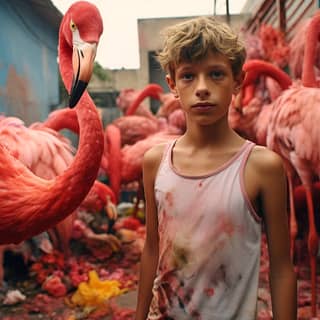 Um menino fica na frente de um bando de flamingos cor-de-rosa, atirando flores congeladas em estilo surrealista.