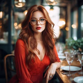 Young pretty woman long red hair glasses beautiful red dress at a restaurant with friend