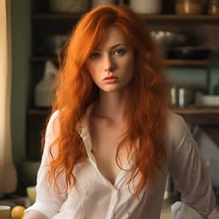 Young pretty woman long red hair glasses jeans blouse tired and sleepy cooking scrambled eggs