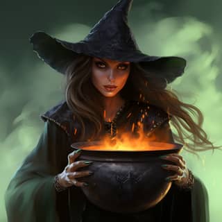 beautiful witch standing over a cauldron holding a potion illustration fantastic realism