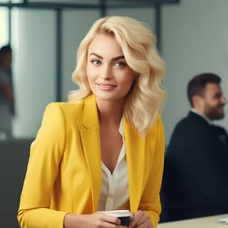 a confident businesswoman leader of 30 year old with blonde hair in a yellow blazer is looking at the camera with and smiling