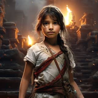 Poster film menampilkan seorang gadis Hispanik berusia 10 tahun yang mengenakan pakaian modern dan topi Indian Aztec, dengan percaya diri berjalan melalui kuil yang hancur akibat perang.