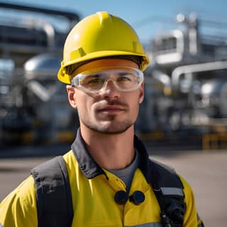 create a realistic picture of a 25 year old male blue collar worker He is wearing yellow safety clothes safety glasses and a