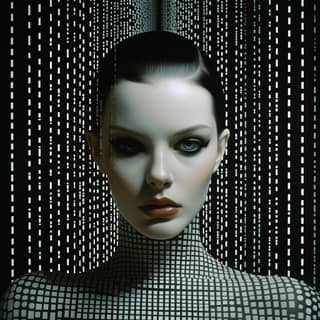 dot matrix, with a black and white face and a black and white background